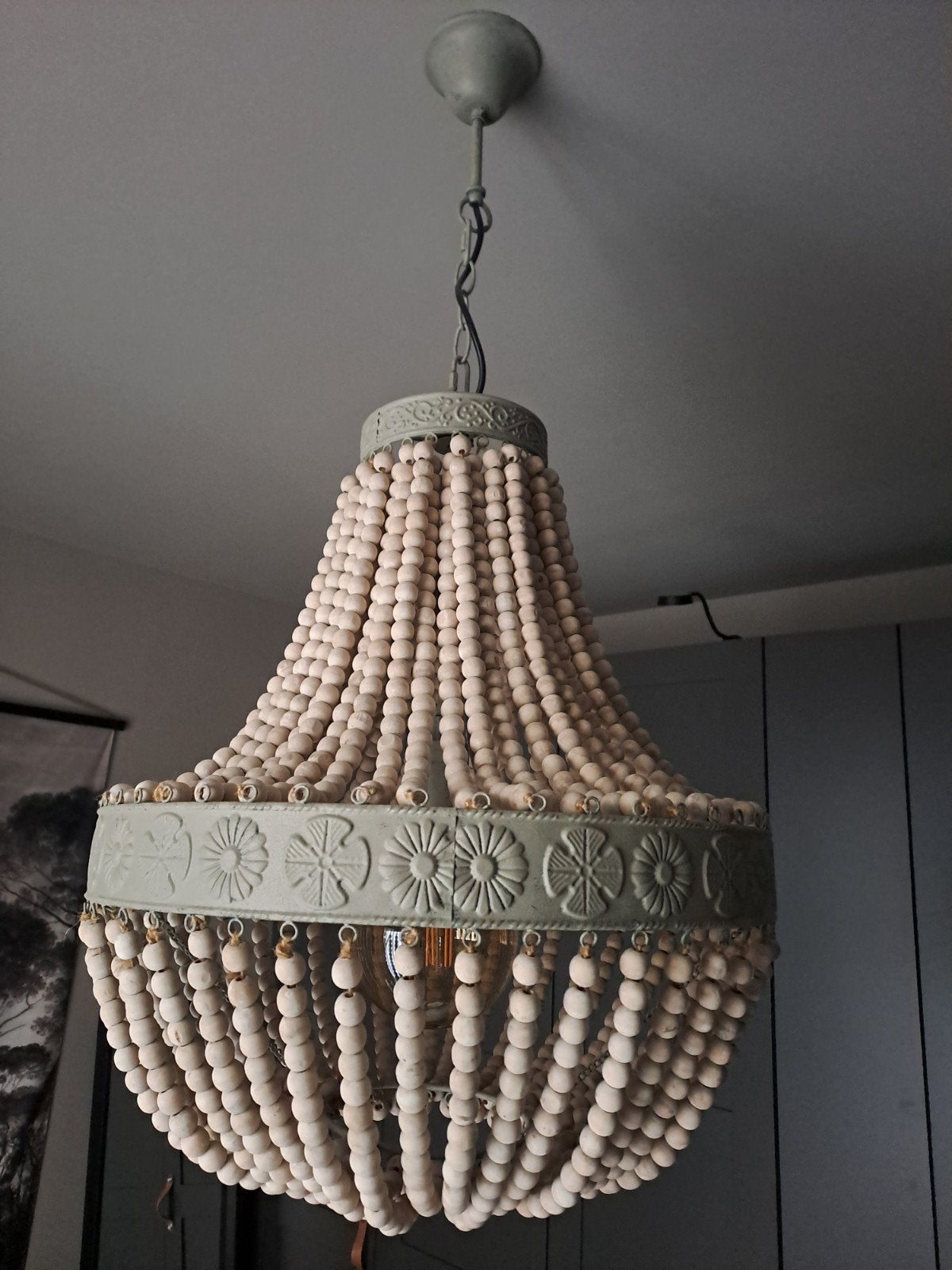 Bohemian Houten Kralen Kroonluchter - E27 Fitting, Bohemian, Zo goed als nieuw, Hout, E27 (groot)