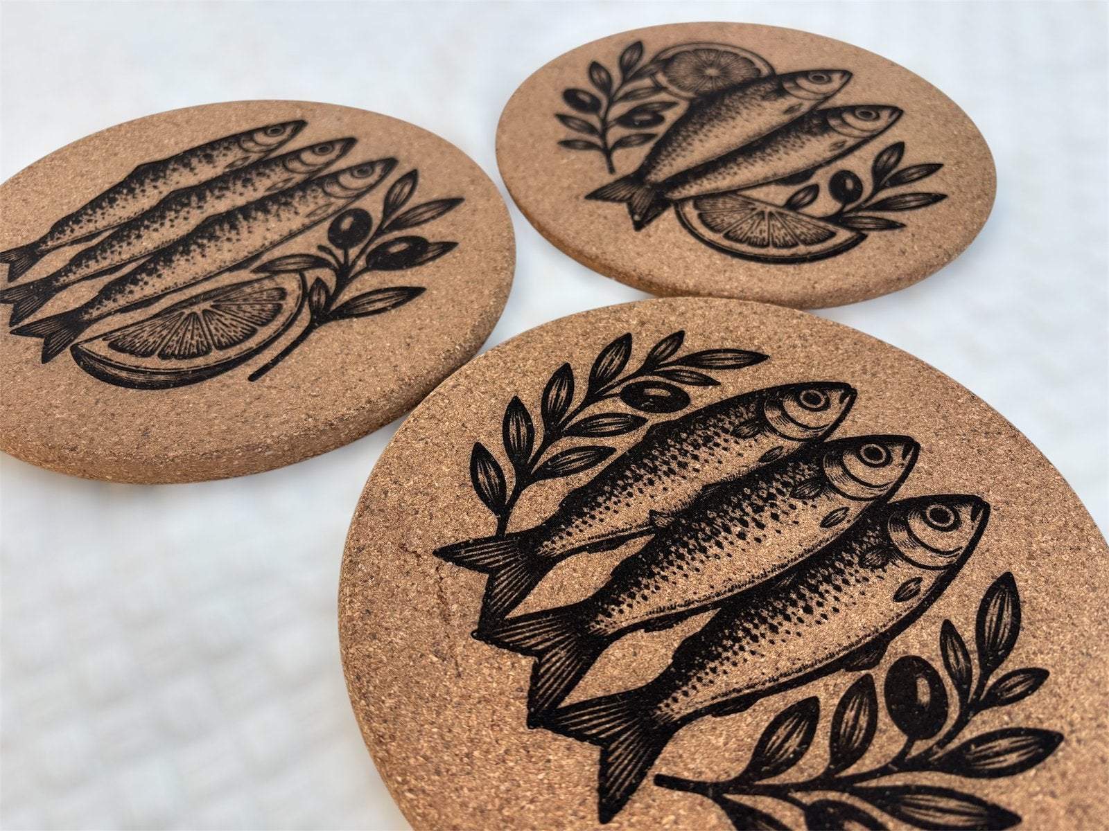 Set van 3 kurken pannenonderzetters – sardines, Kurk, Nieuw, Pannenonderzetter, Bruin