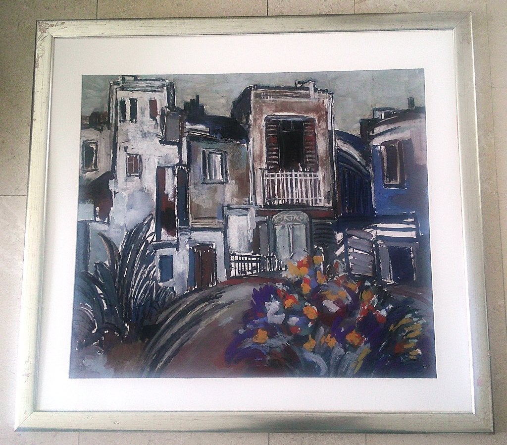 Bloemen in Franse stad '90 - Jelle Hoogstra 1924-2003, Gouache, Expressionistisch, Ophalen of Verzenden, Origineel werk