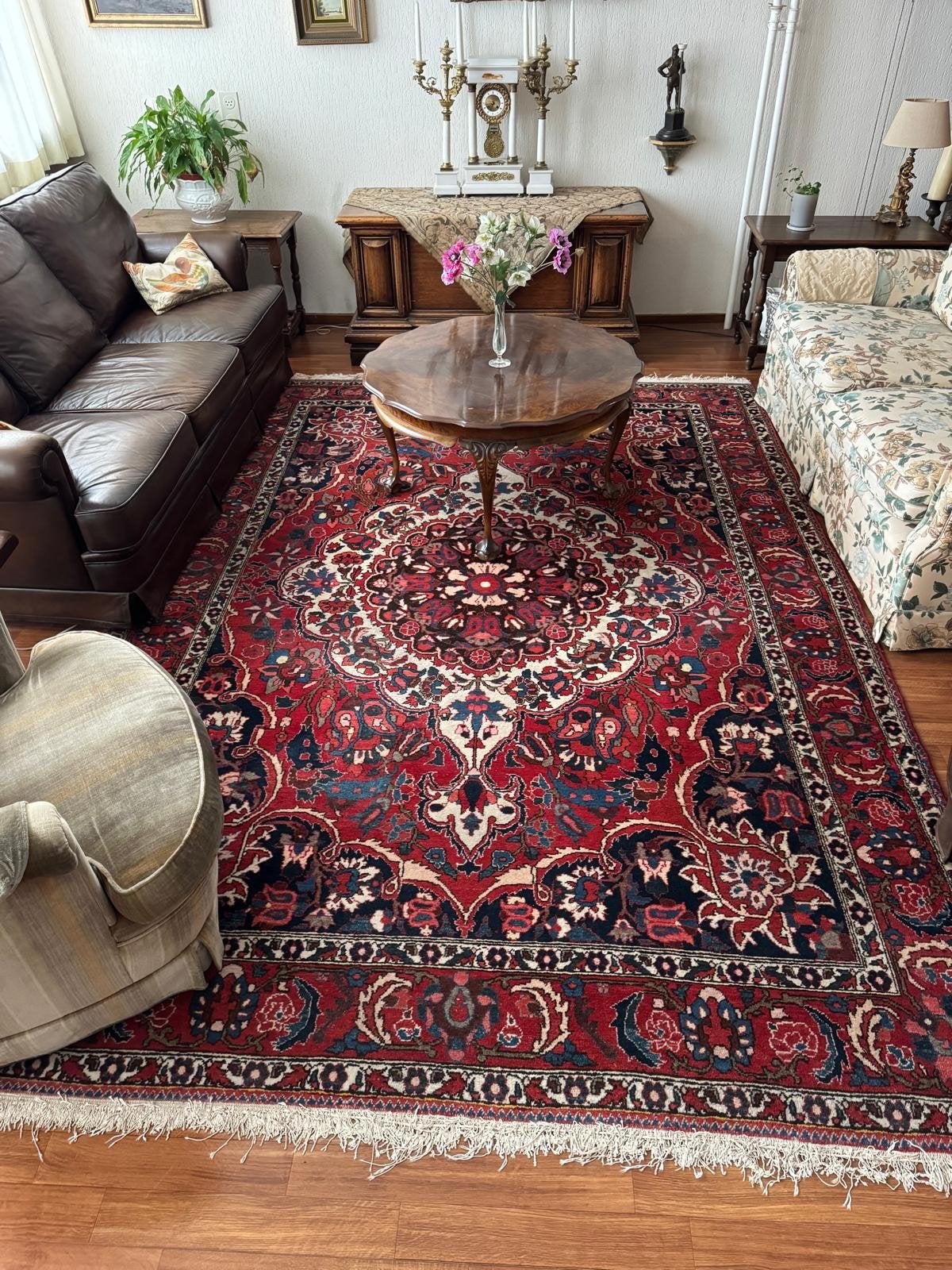 Perzisch Tapijt Bakhtiari Heriz Handgeknoopt - Rood Blauw, Huis en Inrichting, Ophalen, Gebruikt, 100 tot 150 cm, 200 cm of meer