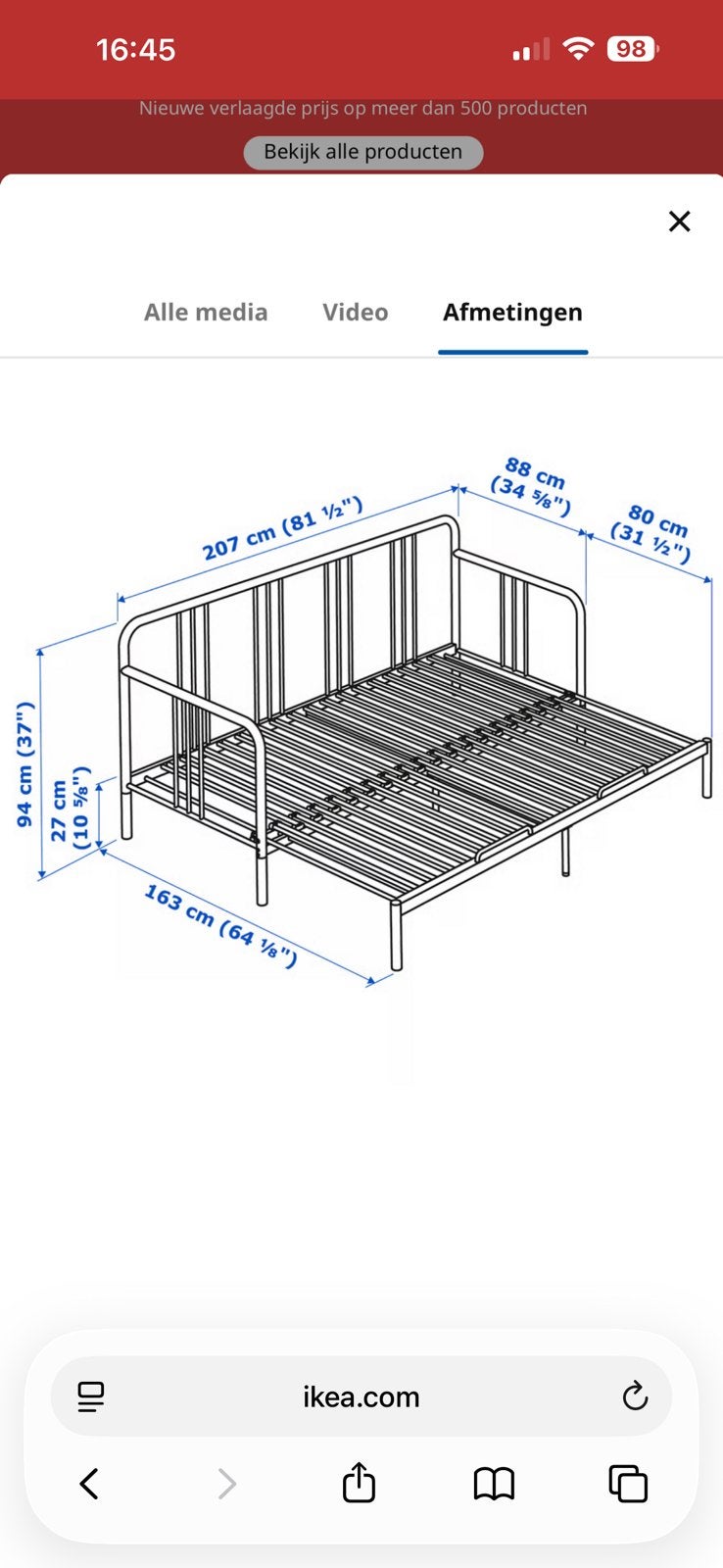Fyresdal bedbank 80x200 160x200 ikea, Ophalen, Gebruikt, Overige typen, Tweepersoons