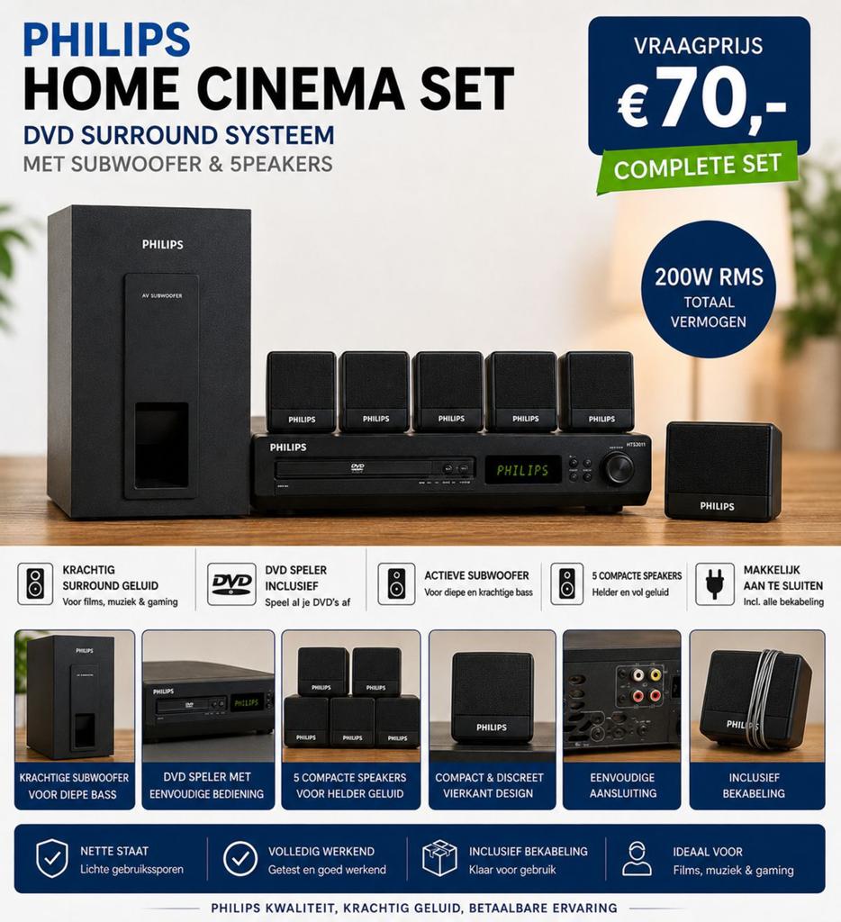 Philips HTS3011 Home Cinema Set 5.1 – 200W RMS + Subwoofer, Ophalen, 5.1-systeem, 70 watt of meer, Philips