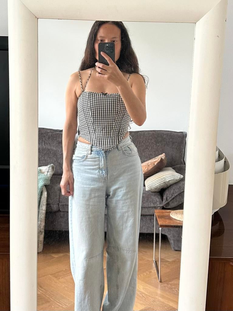 Zwart-witte korset top van Bershka met BB-ruit (xs), Overige kleuren, Ophalen of Verzenden, Zo goed als nieuw, Zonder mouw