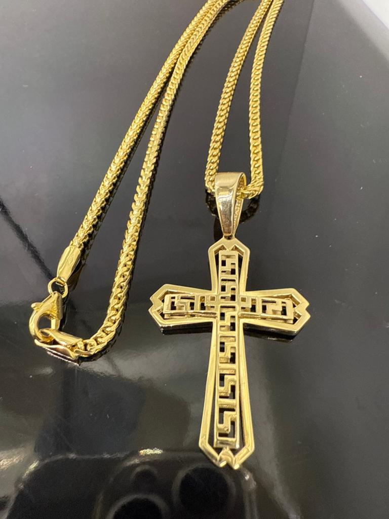 Prachtige 14k gouden massieve vossenstaart ketting met kruis, Ophalen of Verzenden, Nieuw, Goud