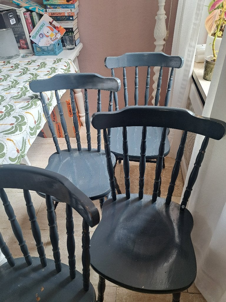 4 originele Zweedse eetkamerstoelen, Huis en Inrichting, Stoelen, Ophalen, Gebruikt, Blauw, Brocante, zweeds, antiek, boho