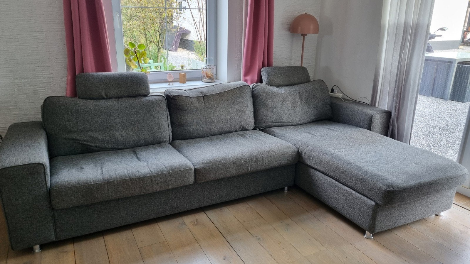 Grijze hoekbank met chaise longue GRATIS, Huis en Inrichting, Ophalen, Gebruikt, Hoekbank, 300 cm of meer
