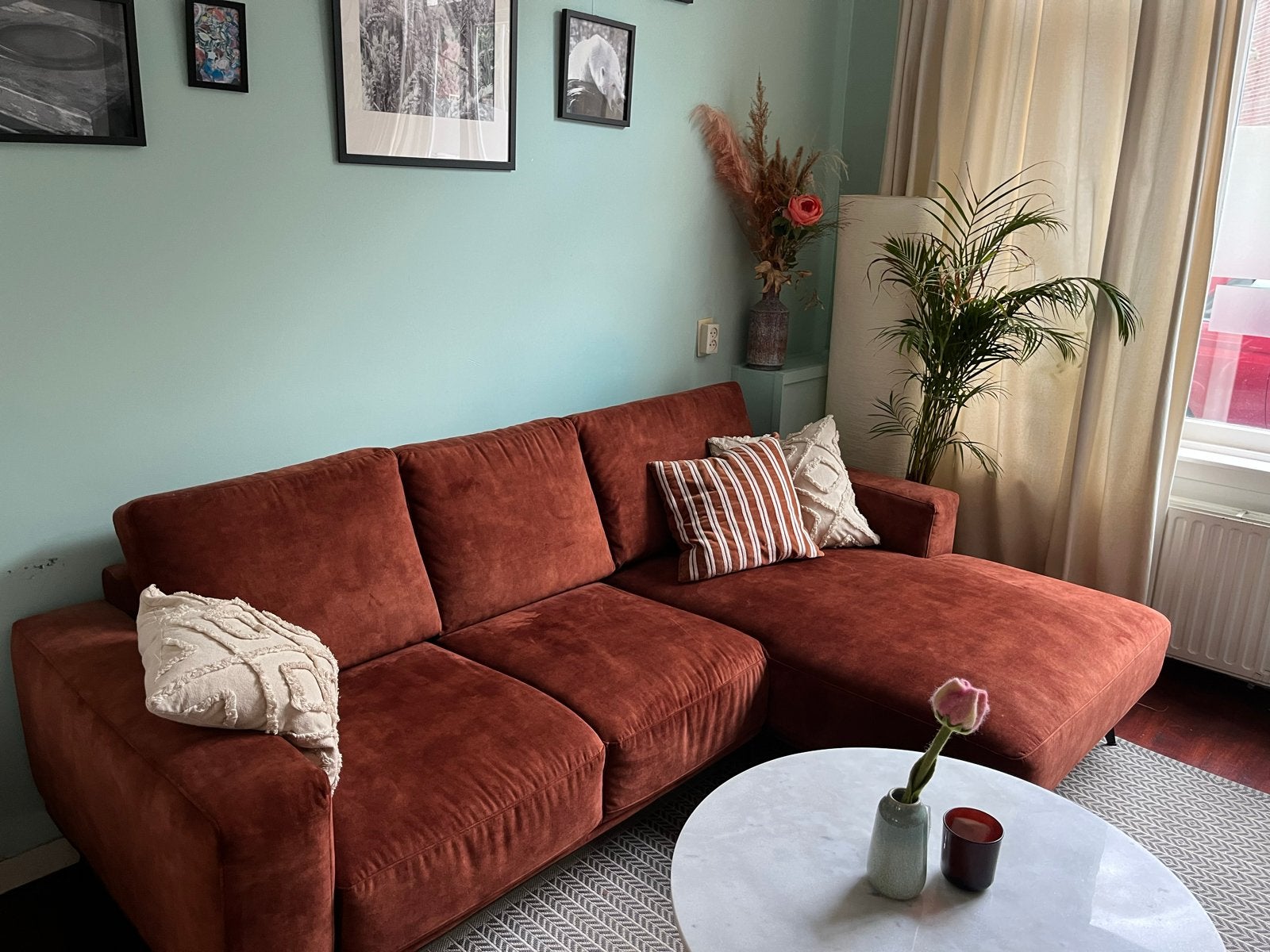 Zo goed als nieuwe bank met chaise longue - koperkleur, Ophalen, Minder dan 75 cm, Hoekbank, Driepersoons