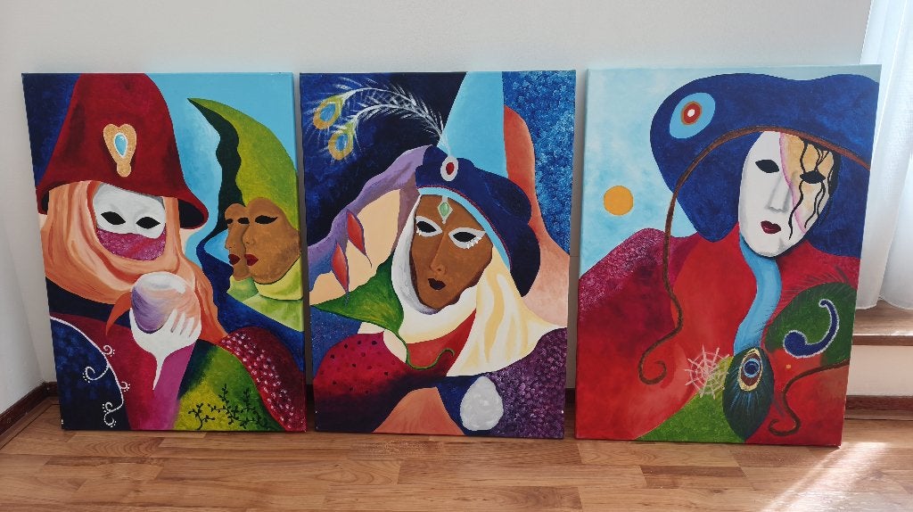 3-luik schilderijen Venetiaans carnaval, Acrylverf, Doek, Portret of Personen, Ophalen of Verzenden