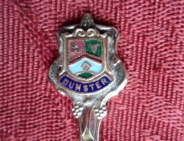 Lepeltje. Wapen van Dunster. Schildje is van Emaille, Ophalen of Verzenden, Zo goed als nieuw, Metaal, Bestek
