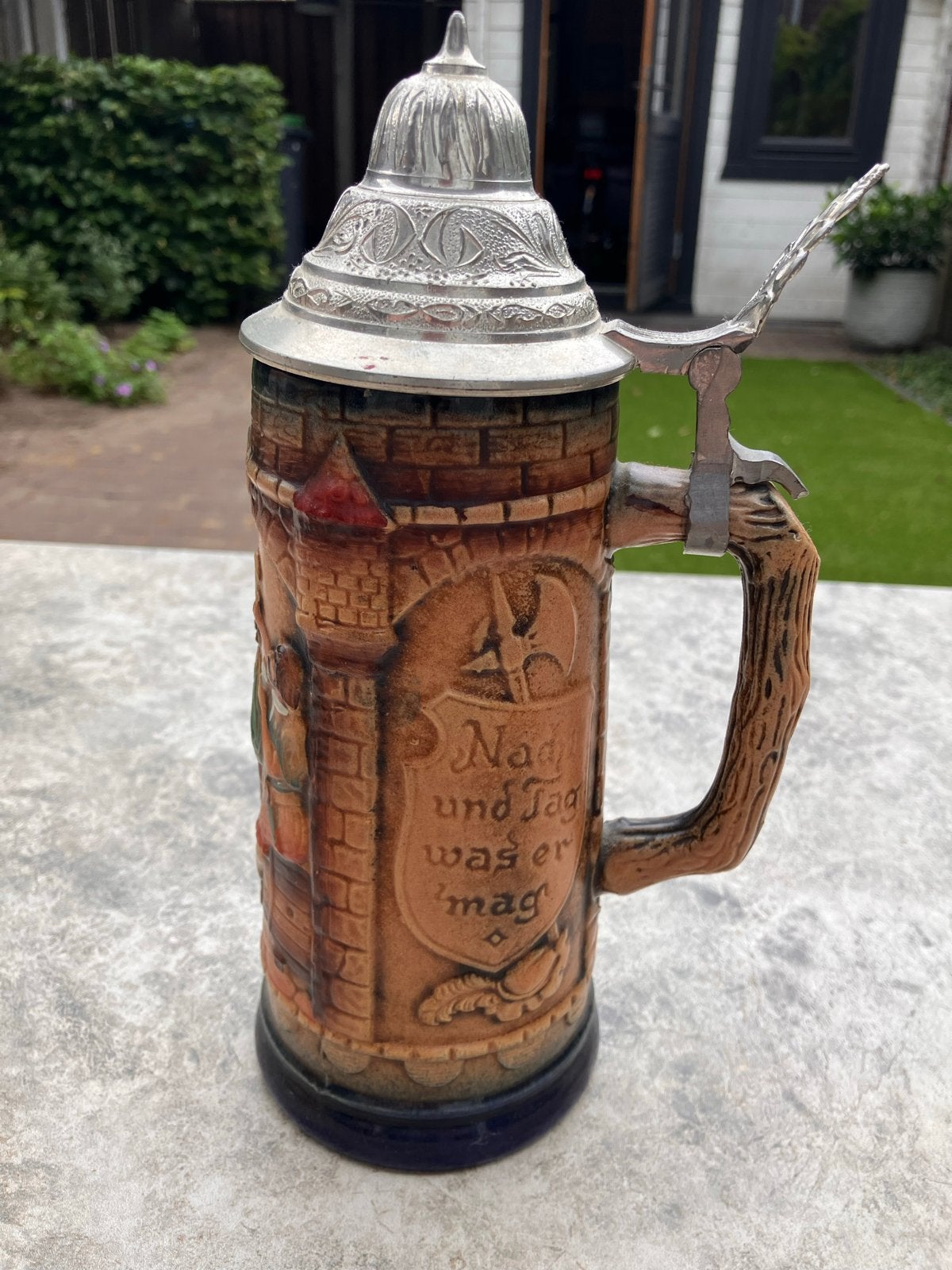 Vintage Gerz Duitse Bierpul met Tinnen Deksel en Reliëf, Ophalen of Verzenden