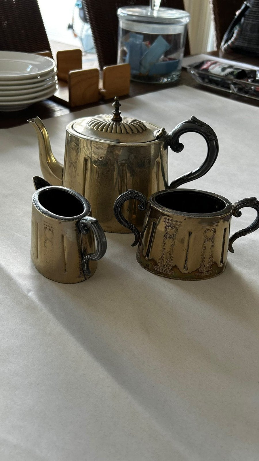 Antieke verzilverde theepot, melkkan en suikerpot, Antiek en Kunst, Ophalen