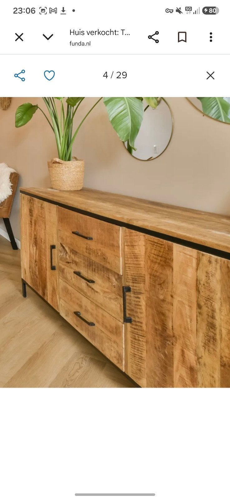 Mango houten dressoir met 3 lades en 2 kastjes, Ophalen, Gebruikt, 100 tot 150 cm, Met lade(s)