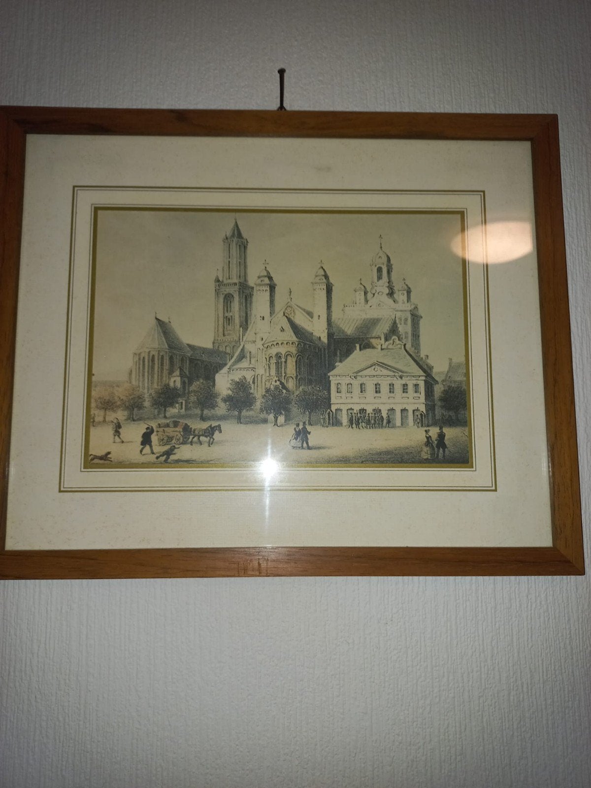 Antieke Gravure: maastricht vrijthof, Antiek en Kunst, Ophalen, 1800 - 1899, Stadsgezicht, Ingelijst
