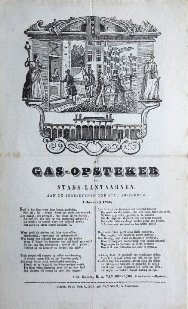 houtblokdruk "Gas Opsteker der Stads Lantaarnen", 1854, Ophalen