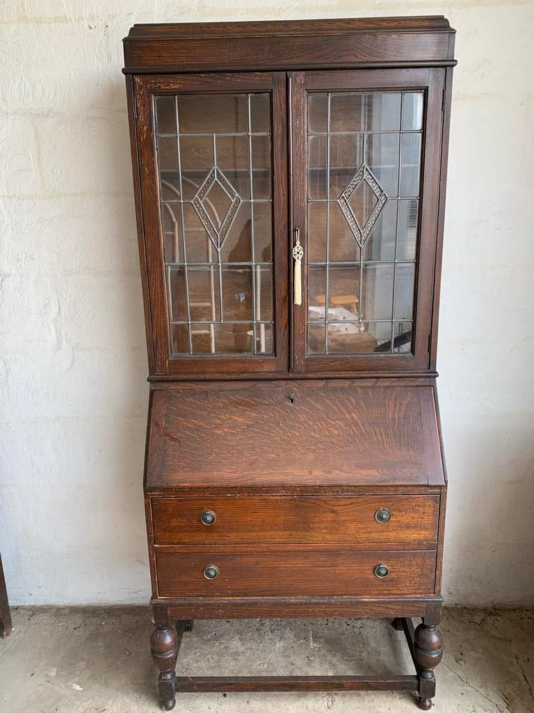 Antiek Eiken Secretaire met Glas-in-lood Vitrine, Ophalen, Zo goed als nieuw