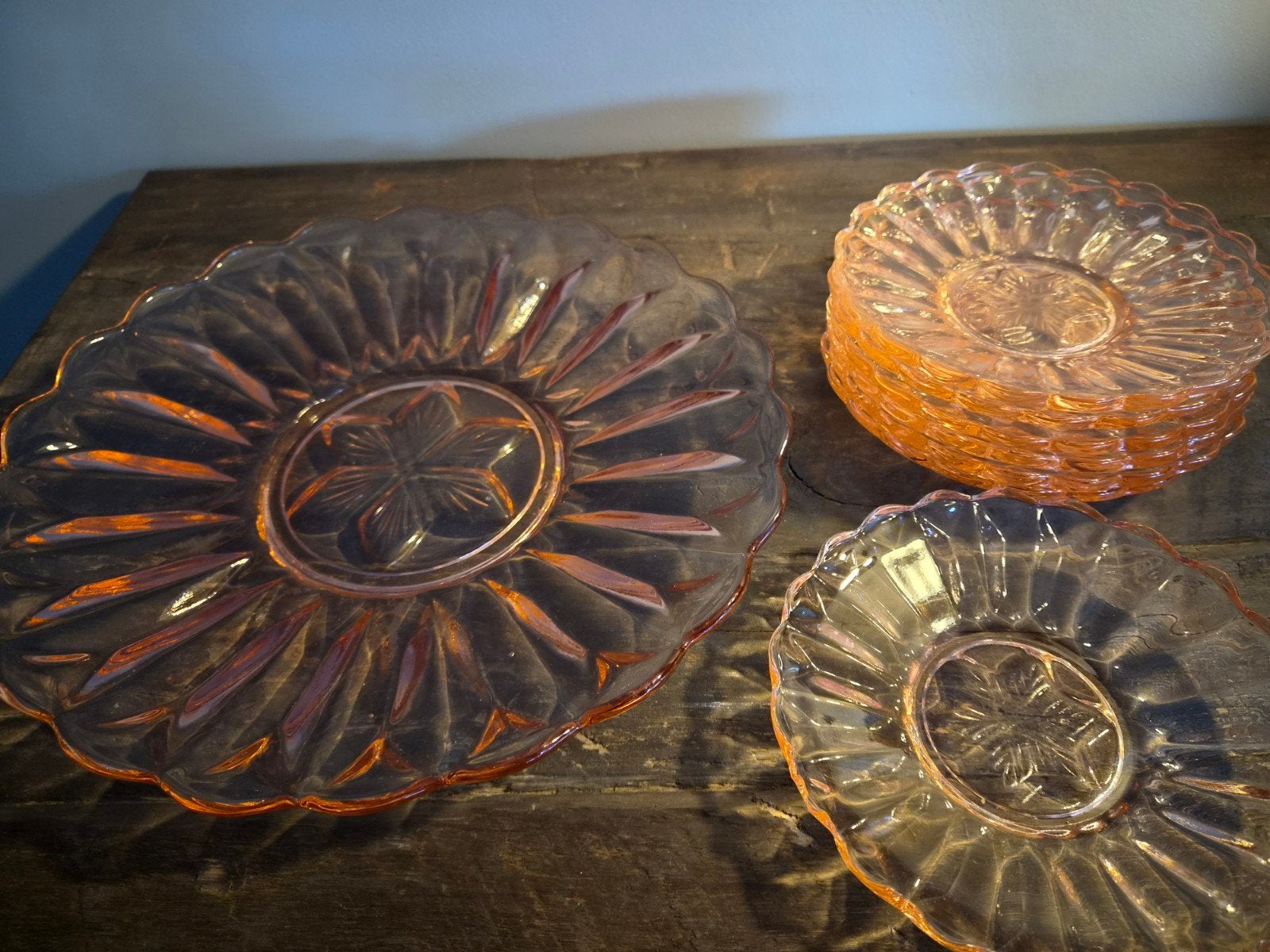 Vintage zalmrose/oranje gebaksstel of dessert, Ophalen of Verzenden