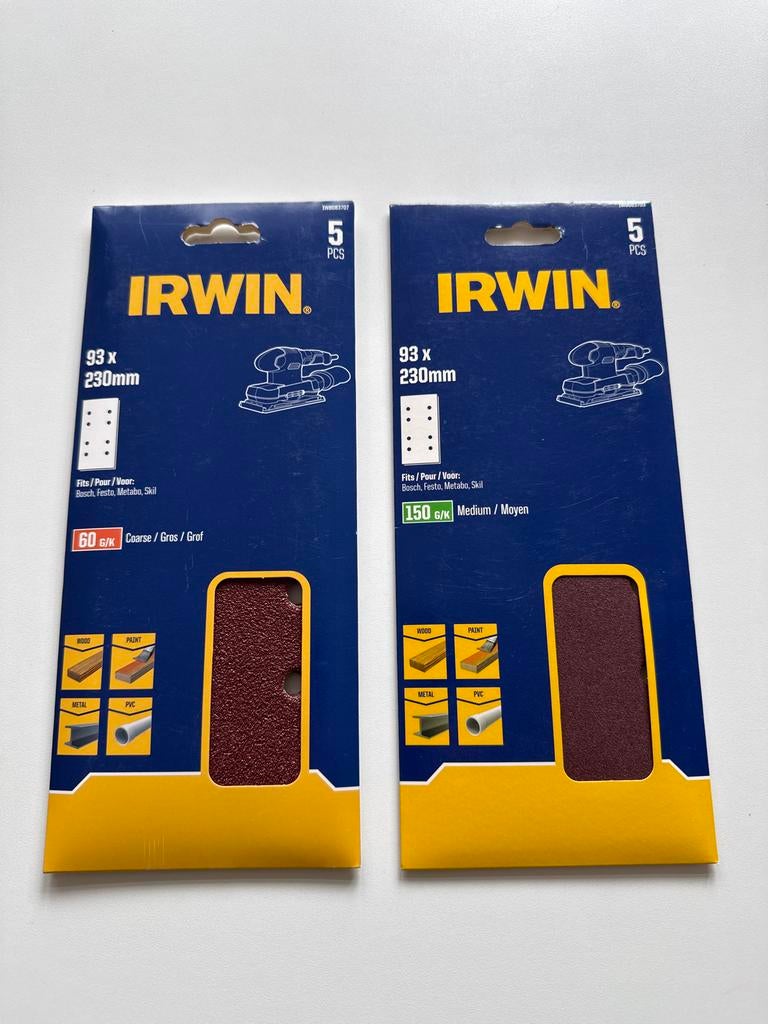 IRWIN schuurpapier 93x230mm, 60 en 150 korrel, 2x5 stuks, Ophalen of Verzenden, Nieuw, Minder dan 600 watt, Vlakschuurmachine