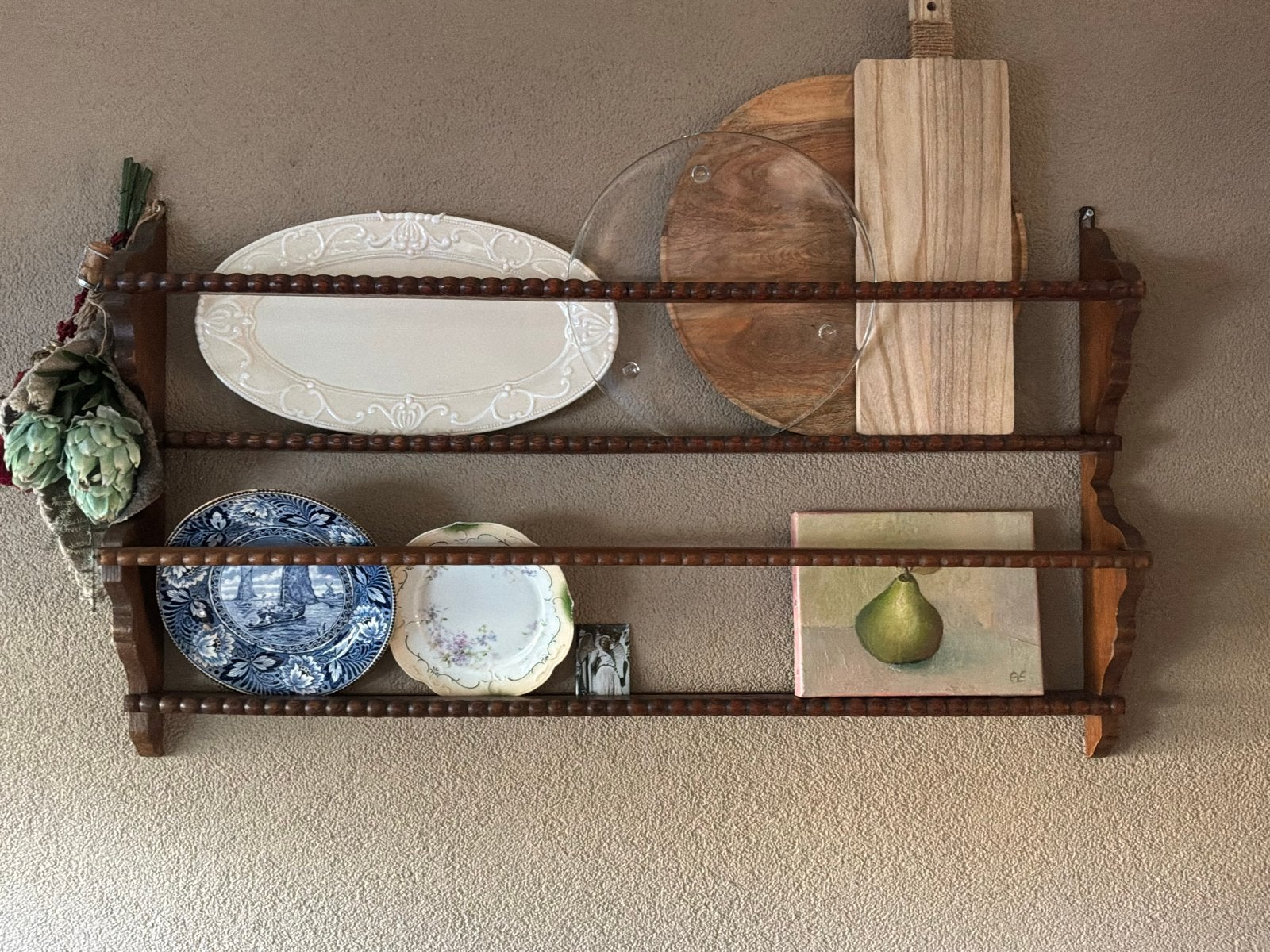 Vintage houten bordenrek met gedraaide spijlen, Ophalen