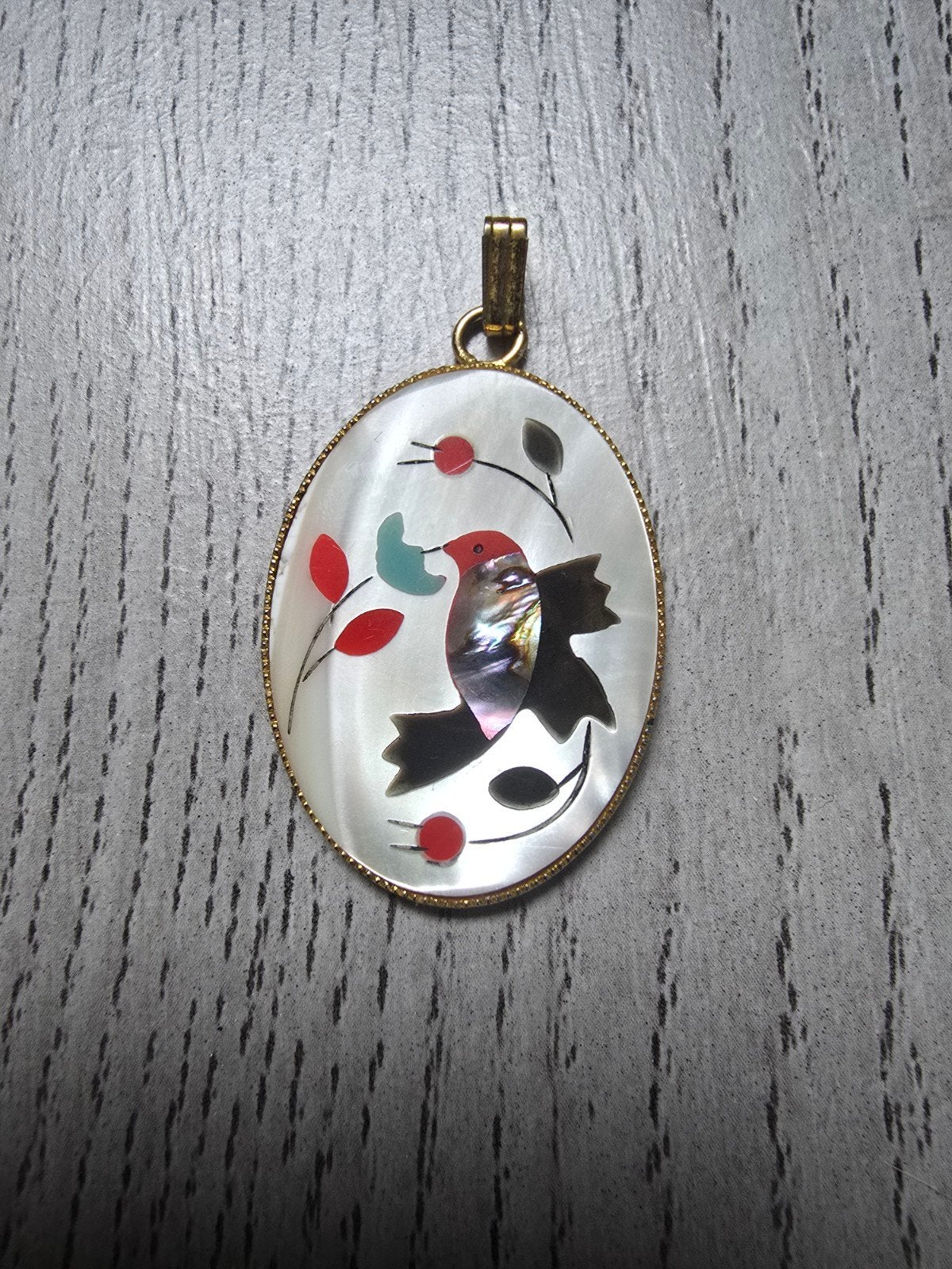 Zuni vergulde hanger met ingelegde kolibrie, Gebruikt, Verzenden, Goud, Goud