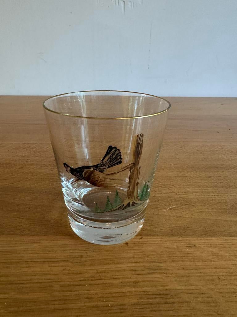 5 Kristallen waterglazen met uniek handgeschilderd jachttafe, Antiek en Kunst, Ophalen of Verzenden