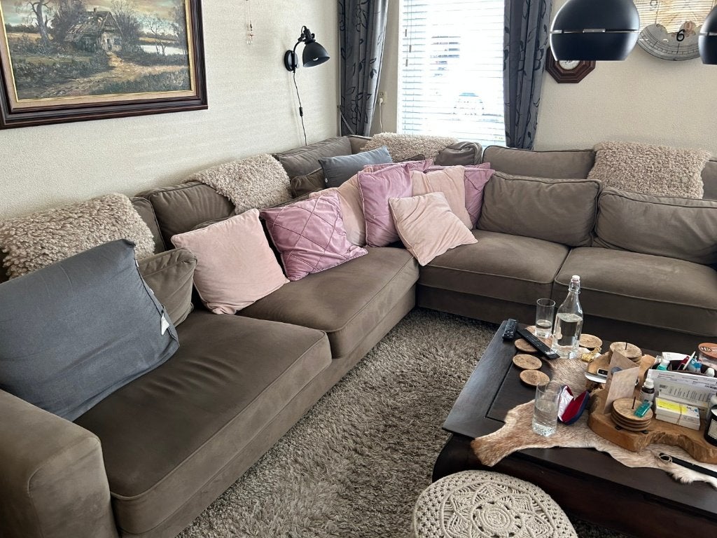 Hoekbankstel taupe 3.20x2.70 (70 diep), Ophalen, Hout, Minder dan 75 cm, Hoekbank