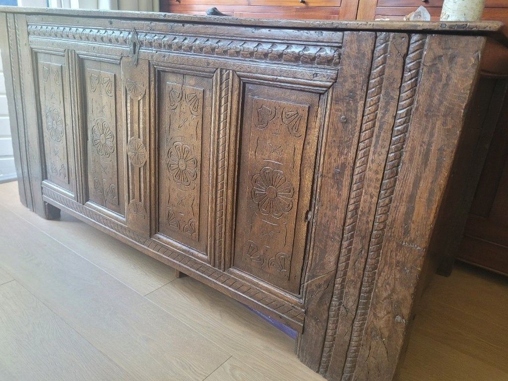 Antieke eikenhouten dekenkist, Ophalen, 50 – 75, Gebruikt, Eikenhout