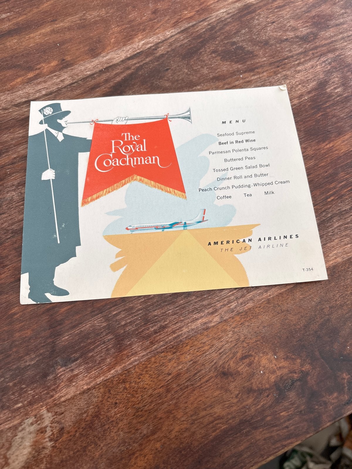 Vintage American Airlines 'The Royal Coachman' menu/postcard, Ophalen of Verzenden, Gebruikt, Kaart, Foto of Prent