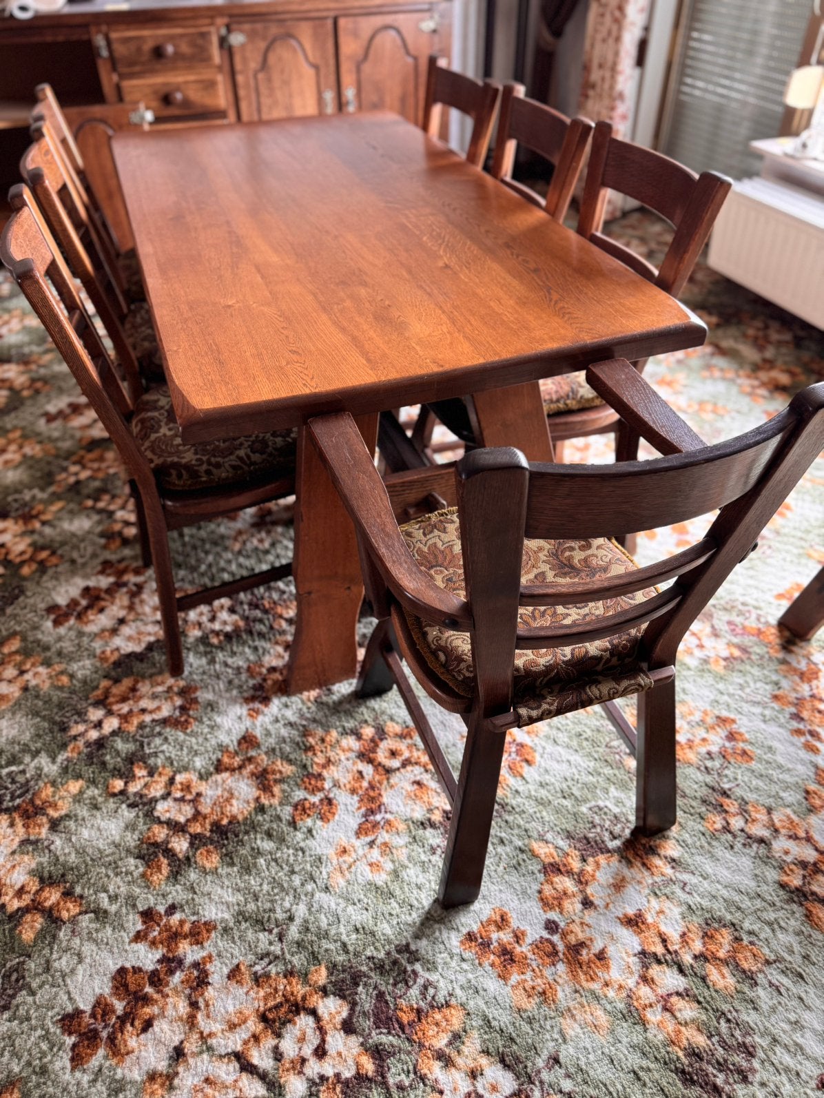 Eikenhouten eettafel met stoelen, Ophalen, Gebruikt, 8 stoelen of meer