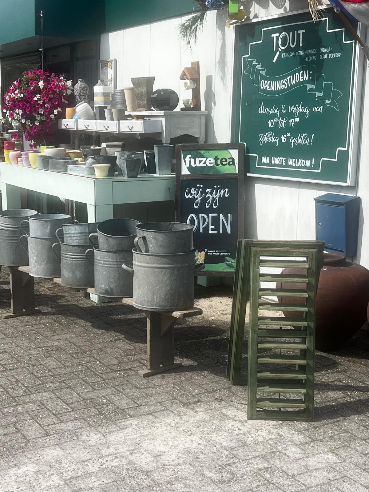 Zinken bloembakken, Tuin en Terras, Bloembakken en Plantenbakken, Gebruikt, Hgv, Rond, Ophalen of Verzenden