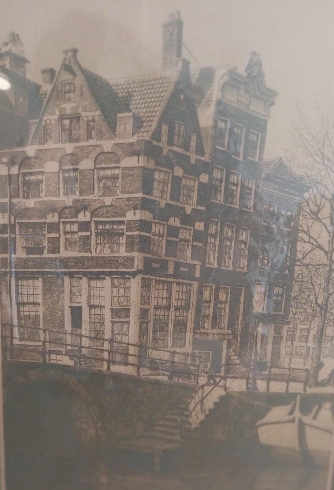 Oude ets van Dirk Harting, van grachtenpand in Amsterdam, Ingelijst, Ets, Stadsgezicht, Ophalen of Verzenden