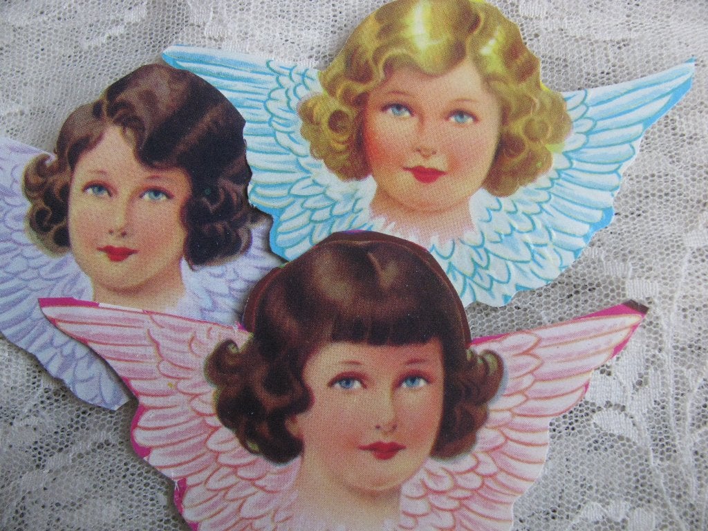 3 Vintage Poesieplaatjes - Engel Hoofdjes 8.5 x 5 cm, Verzenden