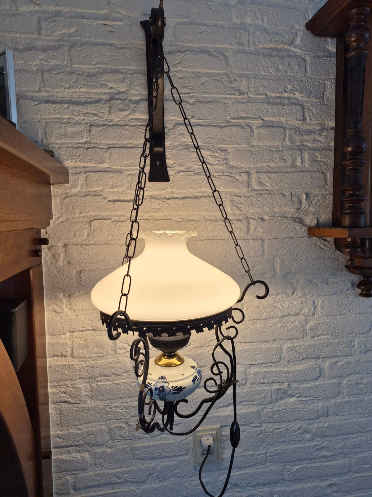 Antieke hanglamp met Delfts blauw decor, Ophalen
