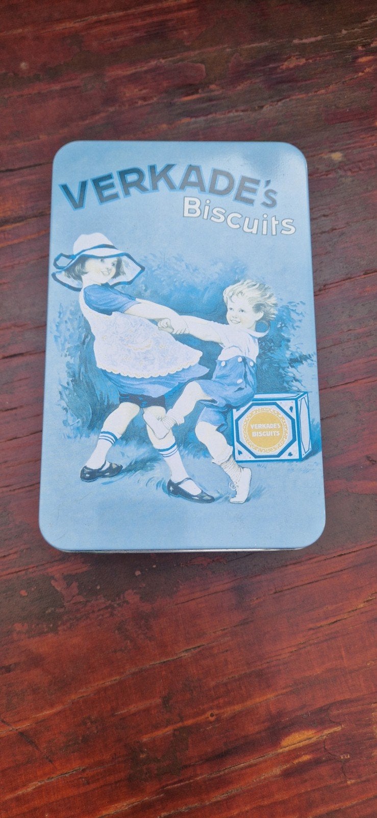 Vintage Verkade's Biscuits blik - Blauw met kinderen, Ophalen of Verzenden