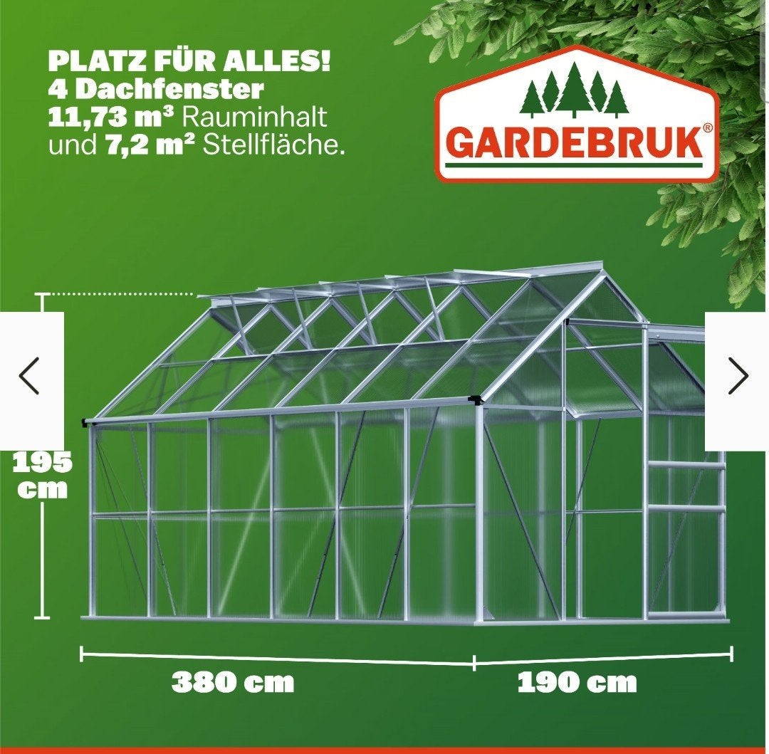 Lichtgewicht aluminium tuinkas Gardebruk 380x190cm  dakram, Ophalen, Polycarbonaat, Kweekkas, Zo goed als nieuw