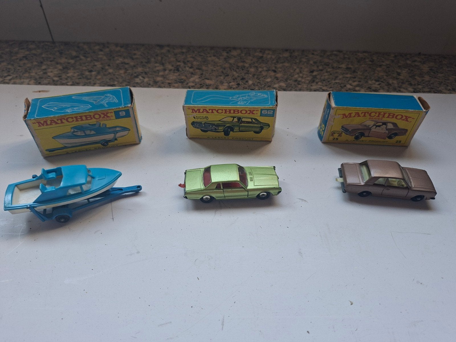 matchbox lesney  mercury cougar, ford, speedboot met trailer, Ophalen of Verzenden, Nieuw, Auto, Lesney
