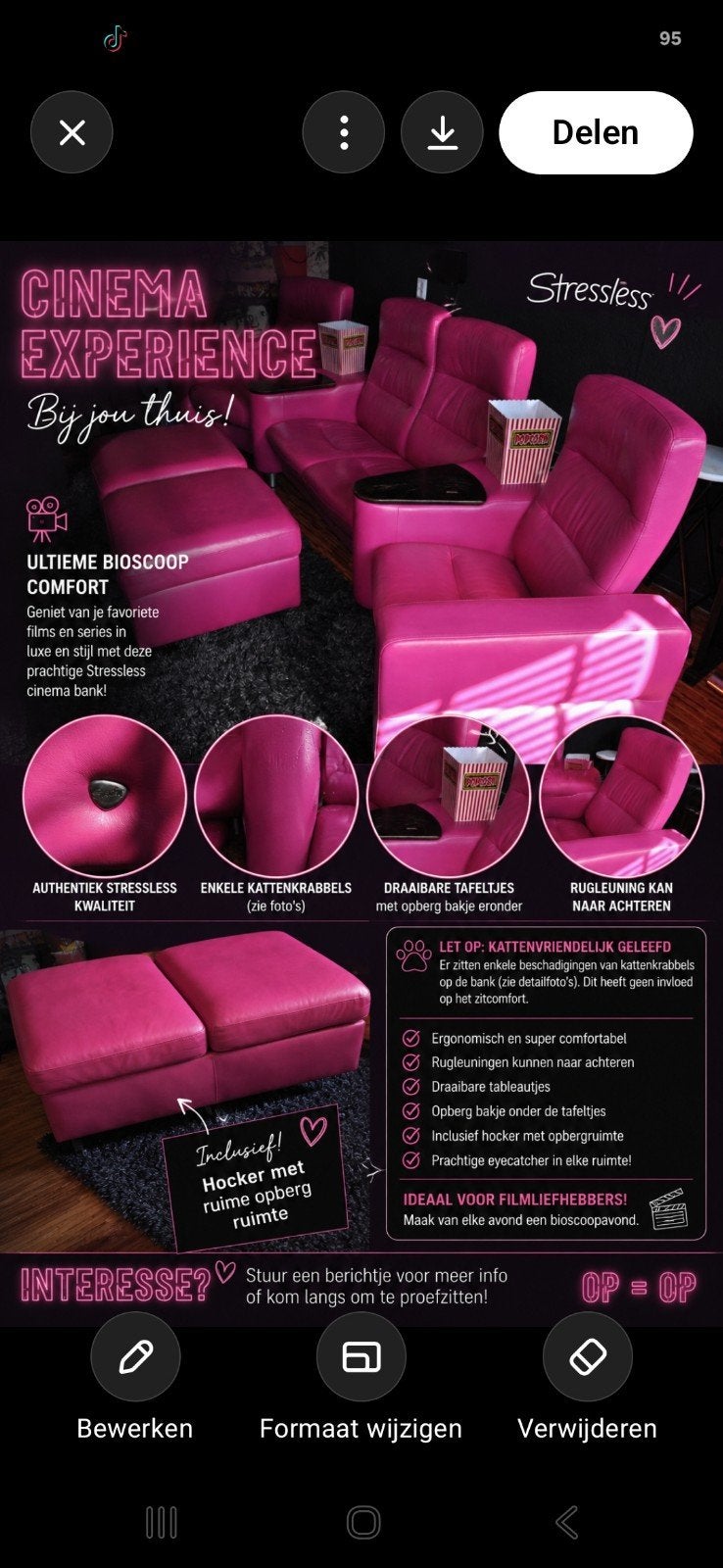 Stressless Bioscoop Bank - Roze Hoekbank met Opbergruimte, Gebruikt, Hoekbank, 300 cm of meer, Vierpersoons of meer