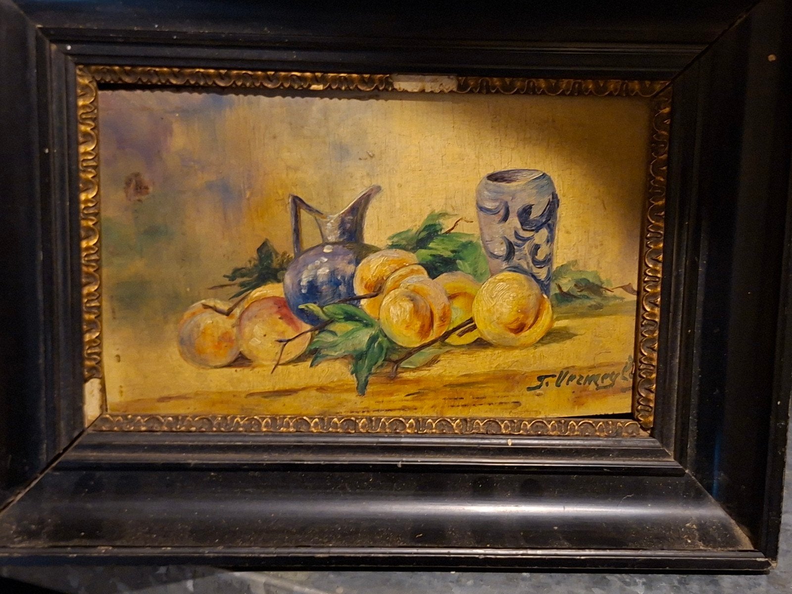 Stilleven met fruit en kruik - Gesigneerd schilderij, Doek, Stilleven, Ophalen of Verzenden, Olieverf