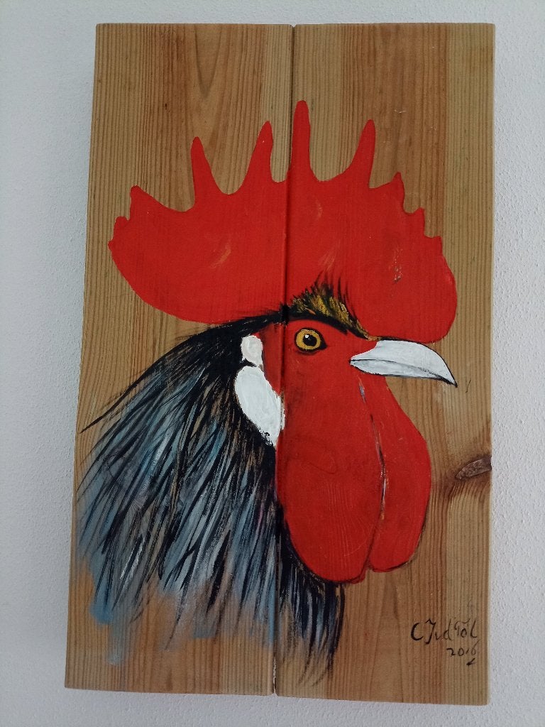 Wanddecoratie Haan - Handgeschilderd op Hout, Huis en Inrichting, Wandhanger, Hout, Ophalen of Verzenden, Zo goed als nieuw