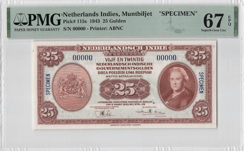 UNC specimen biljet 25 gulden Nederlands-Indië 1943 | PMG 67, Postzegels en Munten, Bankbiljetten | Nederland, Ophalen of Verzenden