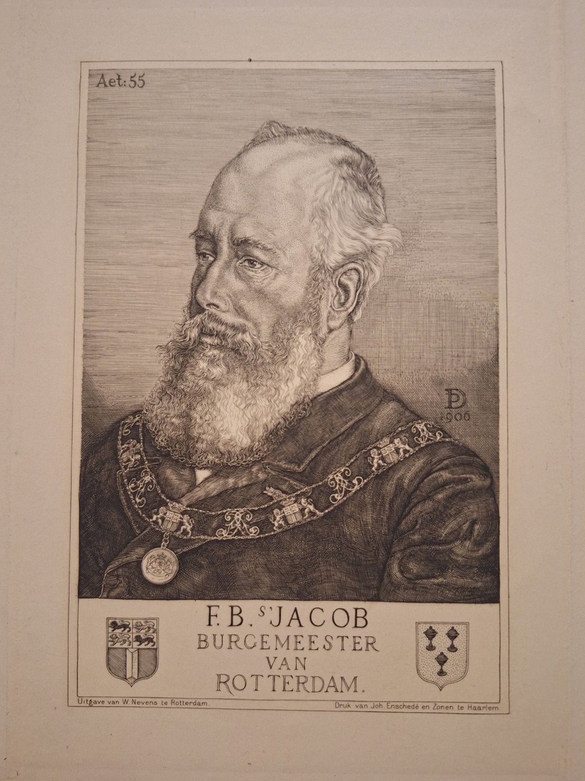 Ets: Portret van F.B. s'Jacob, Rotterdam van dupont, Ets, Portret, Ophalen of Verzenden, Met tekst
