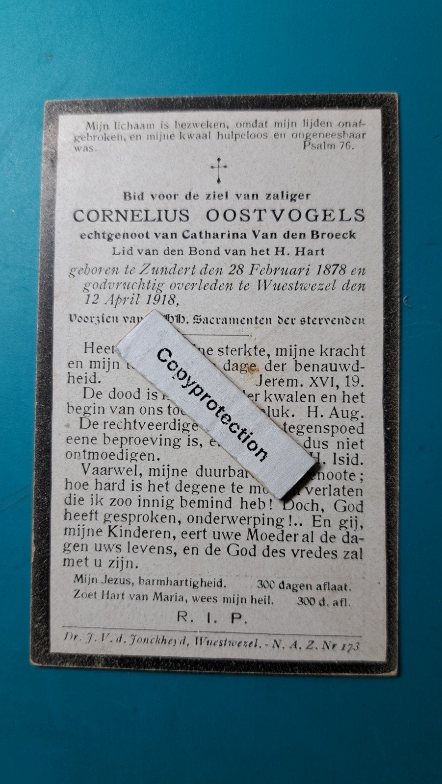 Bidprentje Cornelius Oostvogels , geboren Zundert 1878, Verzenden, Bidprentje