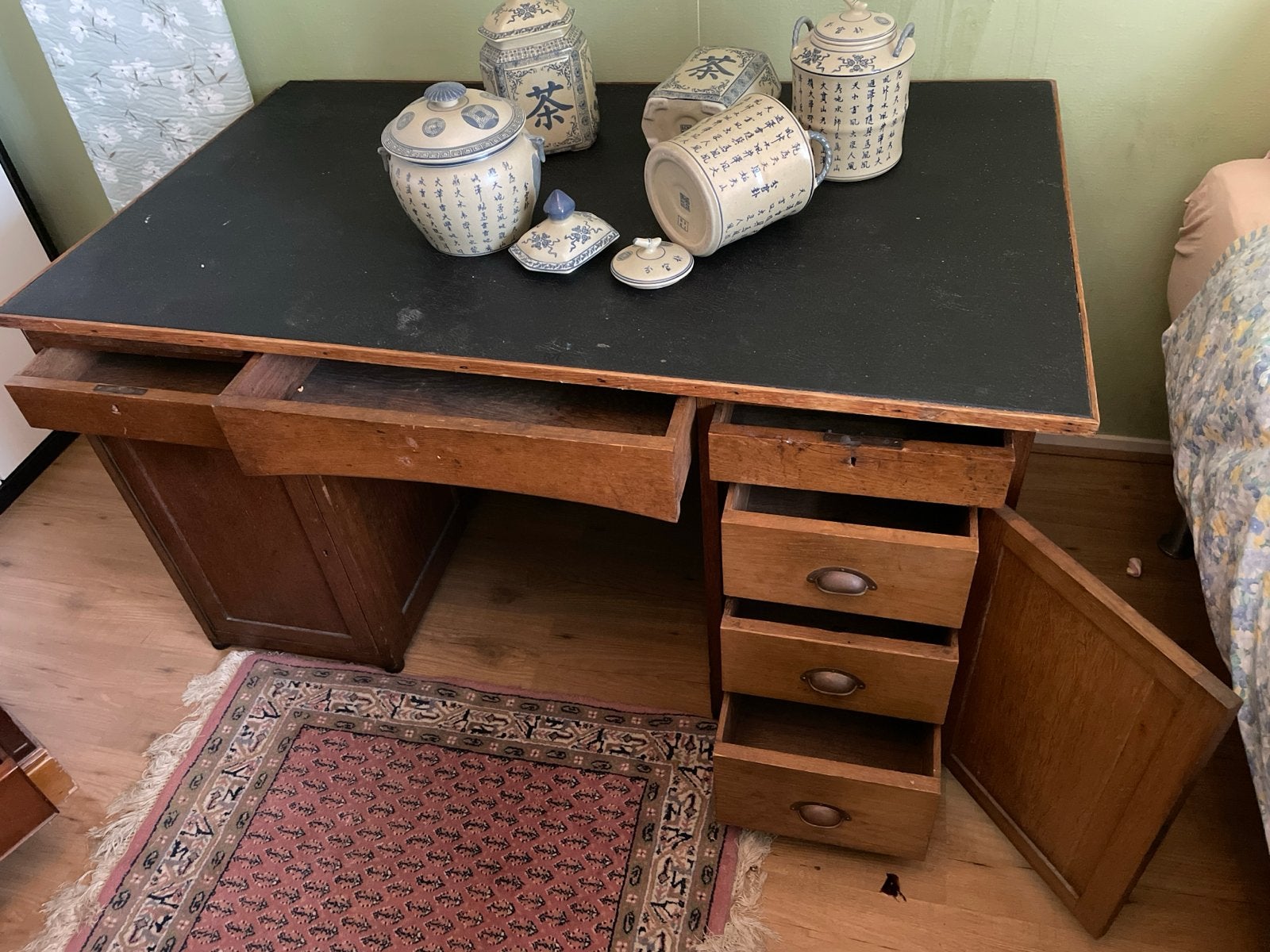 Antiek Eiken Bureau met Leren Blad en Lades, Ophalen