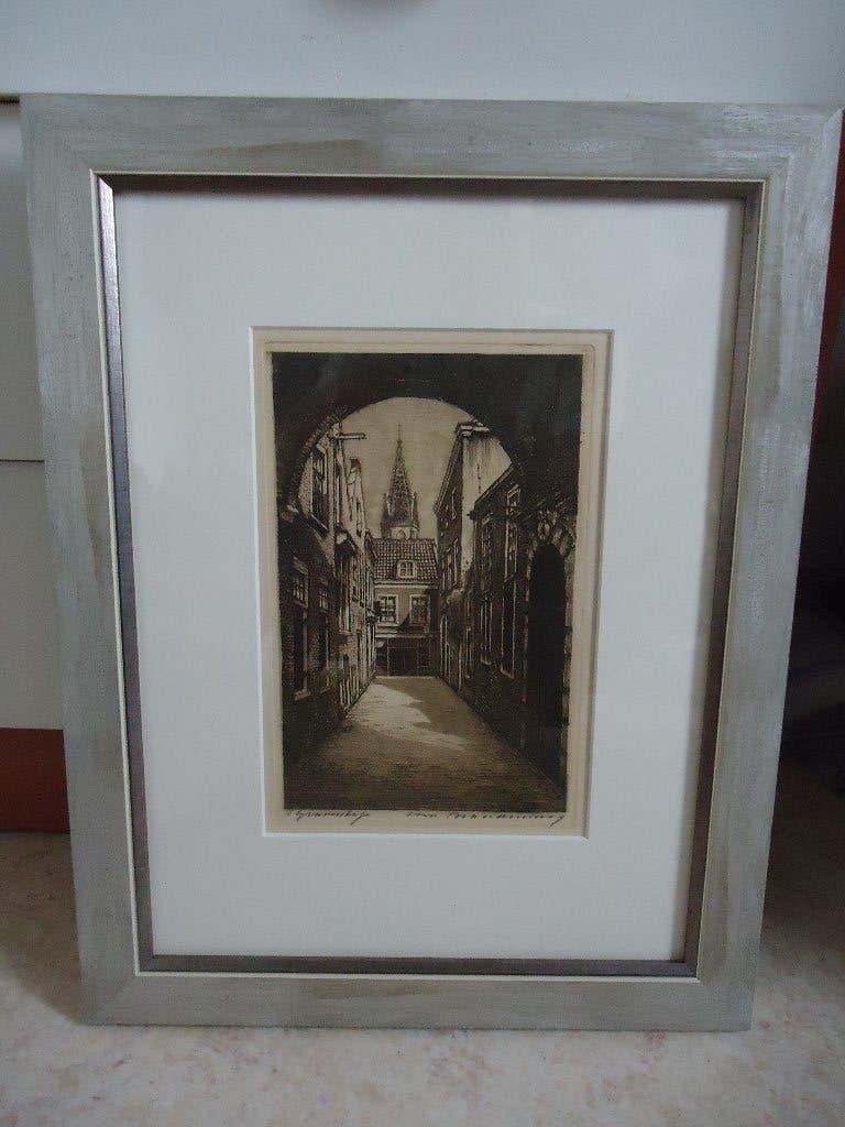 Cornelis Brandenburg - Den Haag - Steegje, Antiek en Kunst, Gesigneerd, Ets, Stadsgezicht, 41 cm