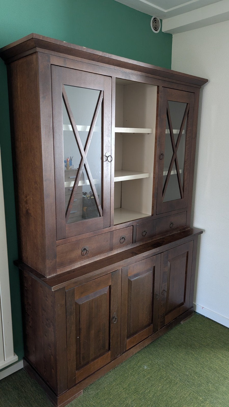 Massief houten dressoir met vitrinekast, Ophalen, Gebruikt, 100 tot 150 cm, 200 cm of meer