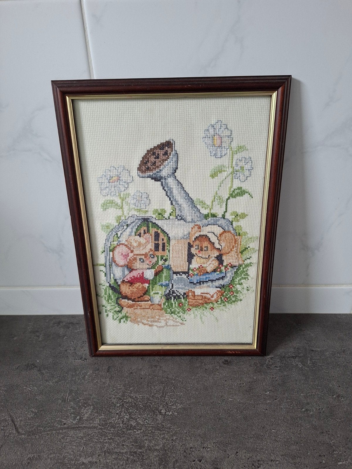 Geborduurd schilderij met muizen in gieter, Huis en Inrichting, Ophalen, 50 – 75, Minder dan 50 cm, Gebruikt