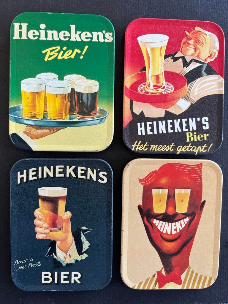 4 Oude Metalen Heineken Onderzetters - Vintage Bierreclame, Verzamelen, Merken en Reclamevoorwerpen, Ophalen of Verzenden, Zo goed als nieuw