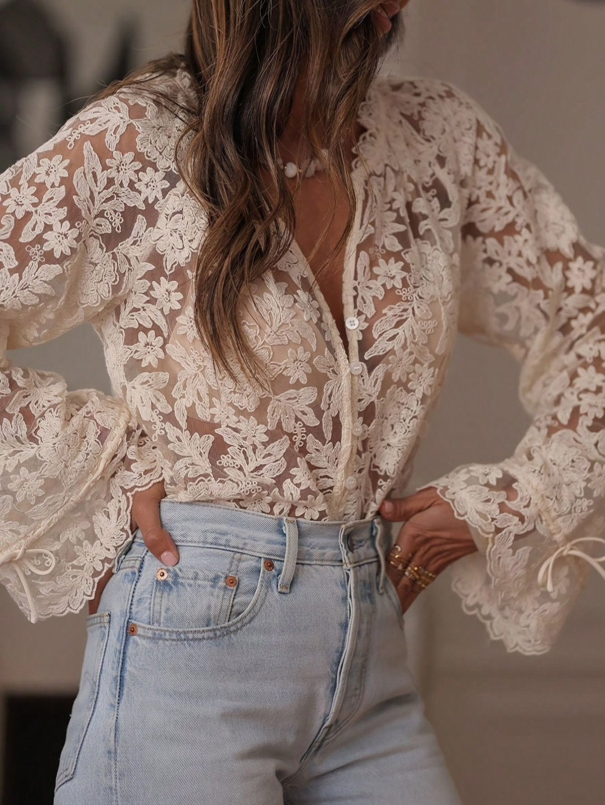 Shein dames kant blouse wit creme overhemd M 38, Verzenden, Zo goed als nieuw, Maat 38/40 (M), Wit