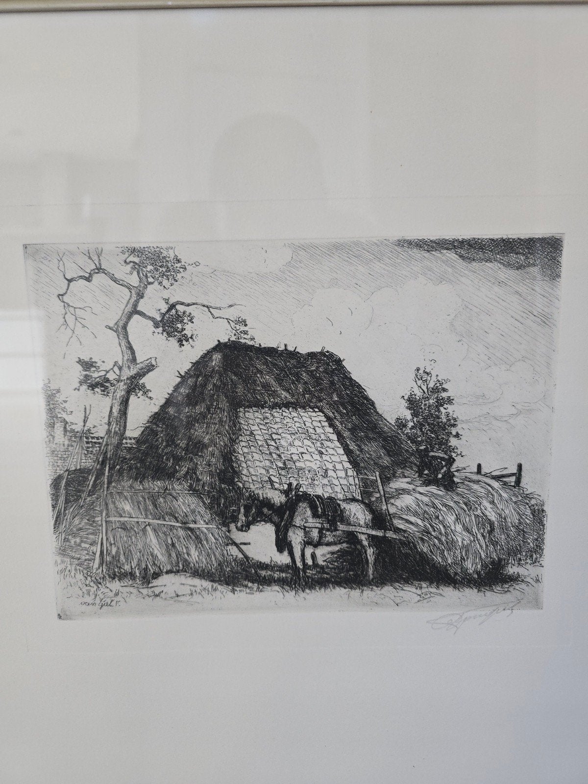 Antieke Ets van kunstenaar Frans van Giel in lijst €59, Ophalen of Verzenden, Gravure, Ingelijst
