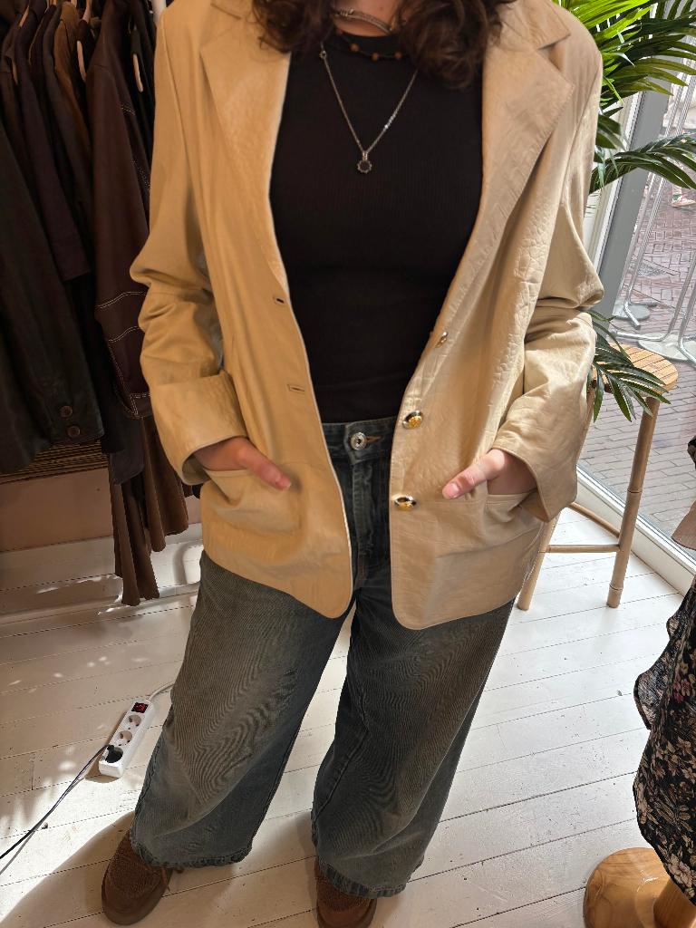 Elegance Paris Beige Croco Leren Blazer Dames L, Beige, Maat 42/44 (L), Second Glow, Ophalen of Verzenden