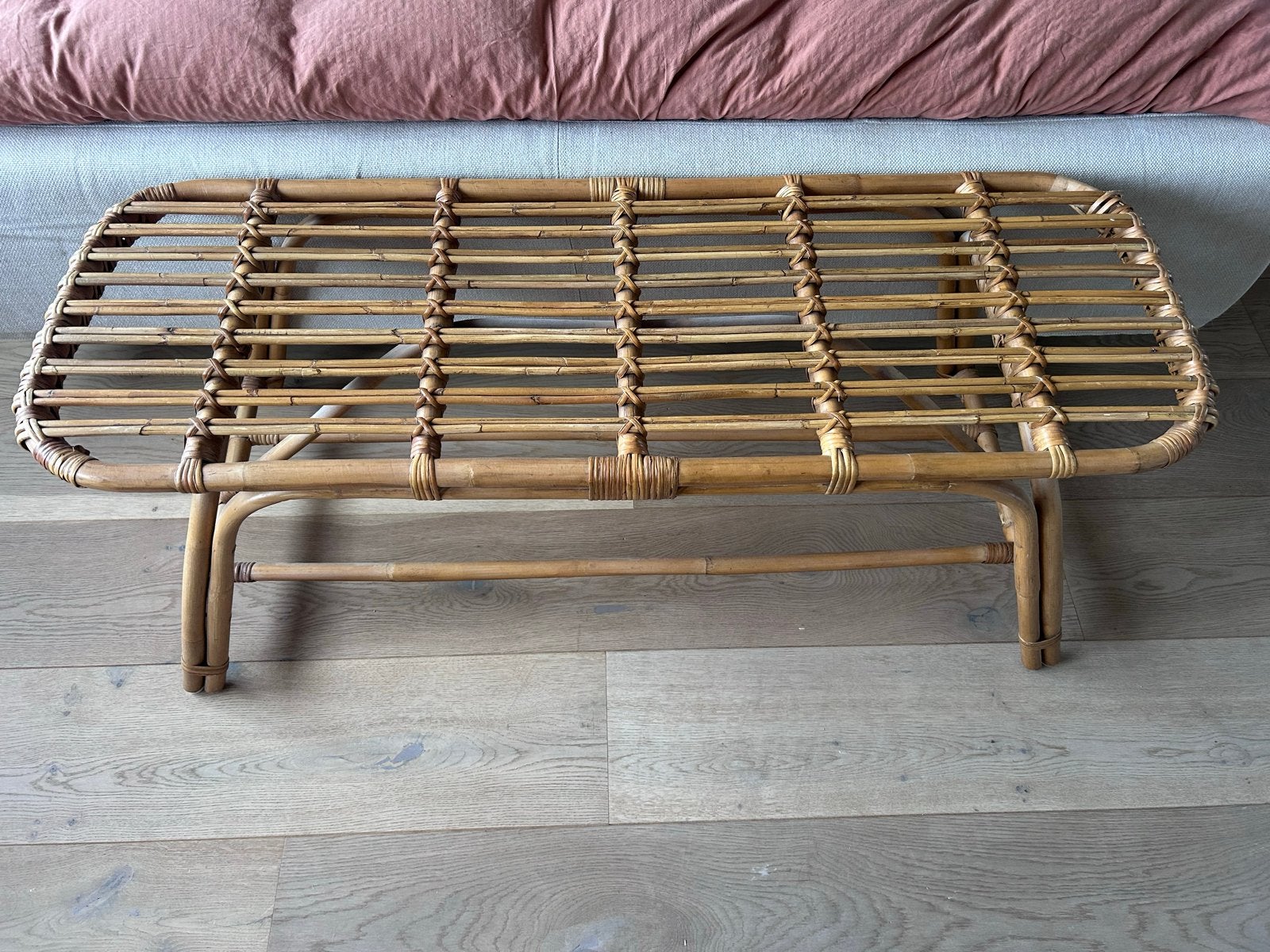 Vintage bamboe bankje/salontafel, Huis en Inrichting, Tafels | Bijzettafels, 45 tot 60 cm, Gebruikt, Ophalen of Verzenden, 75 cm of meer
